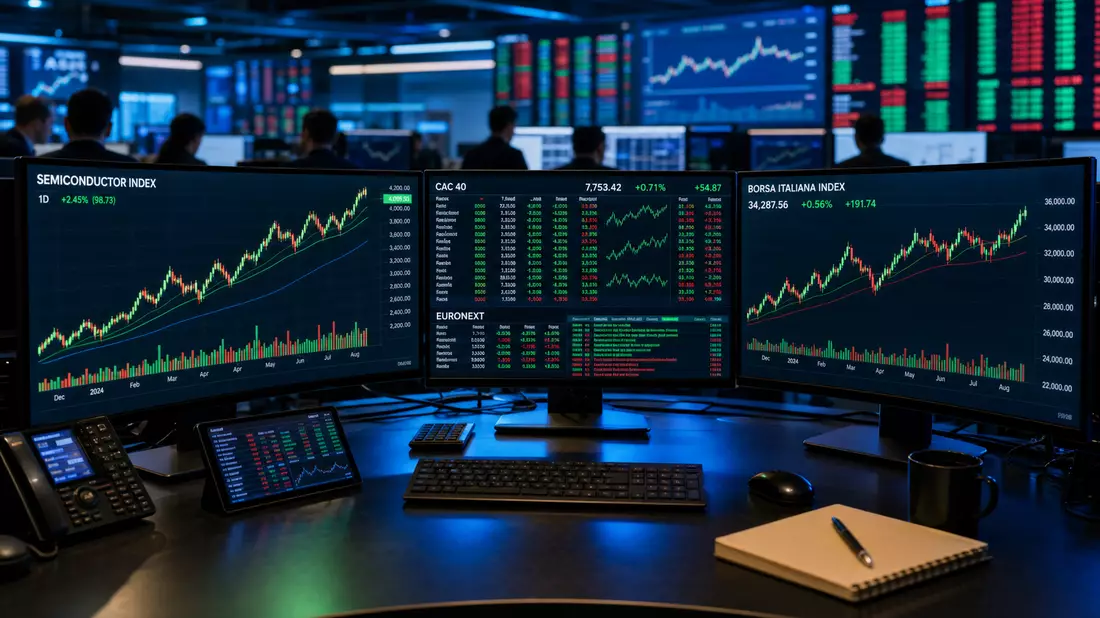 Editorial photo of trading desk monitors displaying semiconductor index, CAC 40, Euronext, and Borsa Italiana