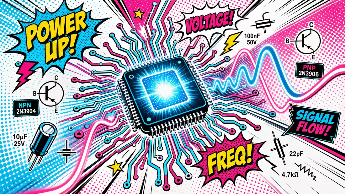 Pop-art comic style illustration of glowing microchip with vibrant cyan and magenta electronic wave lines