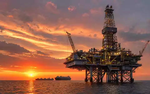 TotalEnergies FR0000120271 zeigt eine fotorealistische Offshore-Bohrplattform mit großen LNG-Tankern bei goldenem Meeressonnenuntergang - Foto: THN