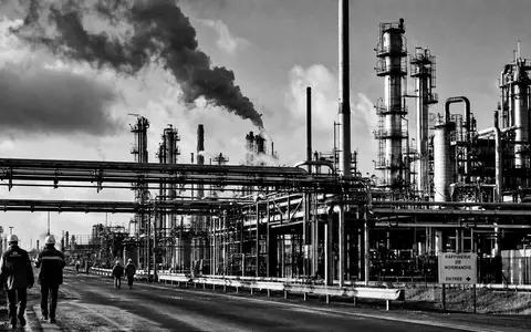 TotalEnergies FR0000120271 als schwarz-weiße Reportage einer großen Raffinerie mit Rohöl-Pipelines und Industriearbeitern - Foto: THN