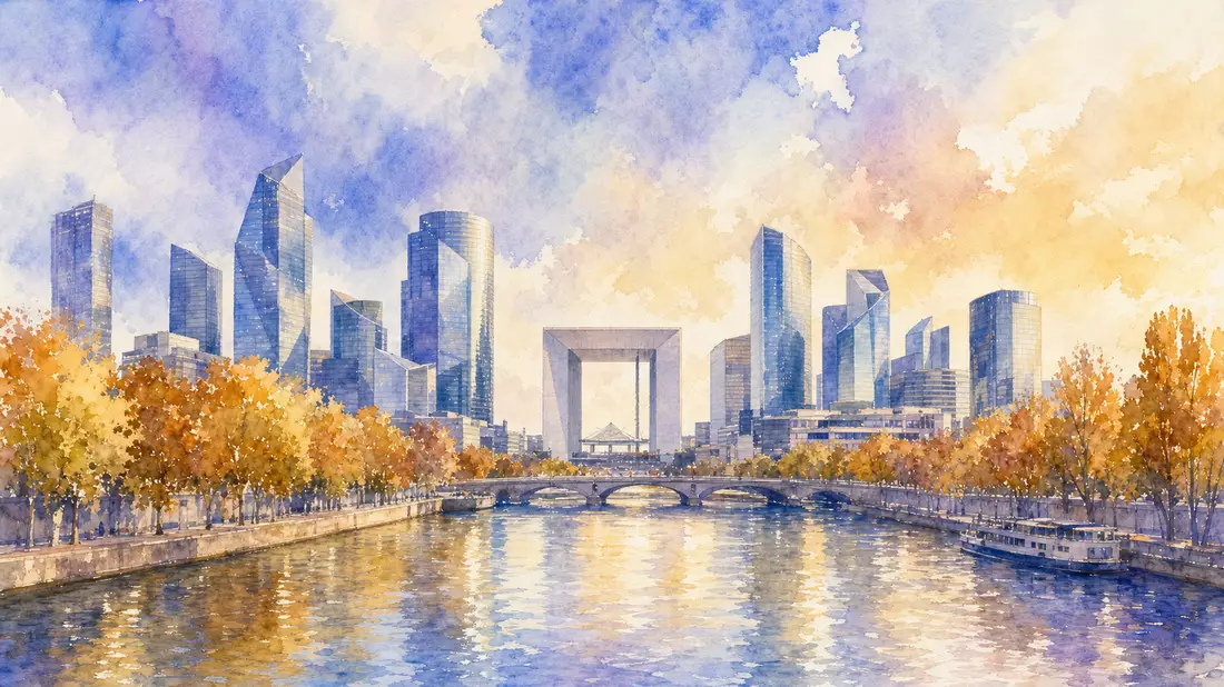 Aquarellgemälde der La Défense Skyline mit Grande Arche, Seine und herbstlichen Bäumen