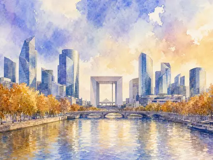 TotalEnergies FR0000120271 als zartes Aquarell der Pariser La Défense Skyline mit Grande Arche und Herbstreflexionen - Foto: THN