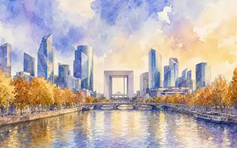 TotalEnergies FR0000120271 als zartes Aquarell der Pariser La Défense Skyline mit Grande Arche und Herbstreflexionen - Foto: THN