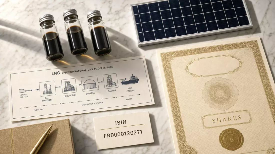 Flatlay: Rohöl-Proben, Solarpaneel, LNG-Diagramm und ISIN-Karte FR0000120271 auf Marmor
