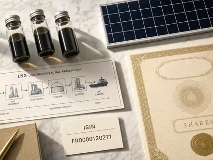 TotalEnergies FR0000120271 Flatlay zeigt Öl-Probefläschchen, Solarpaneel-Modul, LNG-Prozessdiagramm und ISIN-Karte auf weißem Marmor - Foto: THN