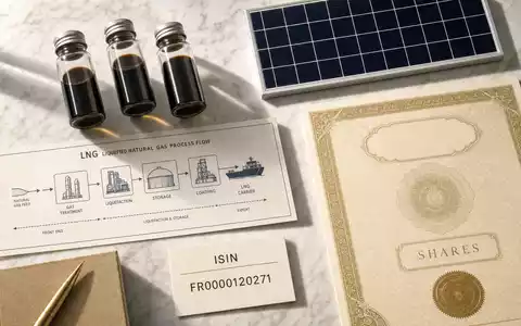 TotalEnergies FR0000120271 Flatlay zeigt Öl-Probefläschchen, Solarpaneel-Modul, LNG-Prozessdiagramm und ISIN-Karte auf weißem Marmor - Foto: THN