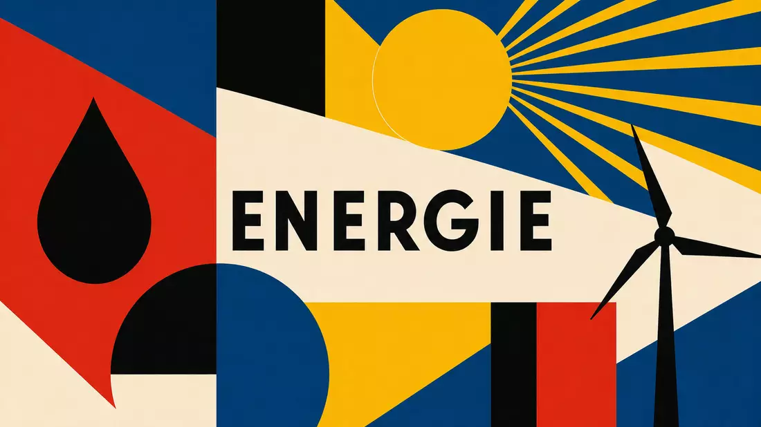 Bauhaus-Plakat in Primärfarben mit Öltropfen, Sonne, Windrad und Schrift ENERGIE