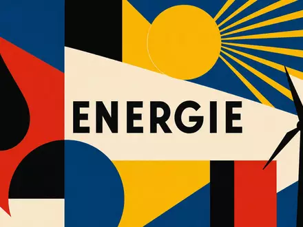 TotalEnergies FR0000120271 als Bauhaus-Poster mit geometrischen Energie-Symbolen Ă–ltropfen Sonne Windrad und dem Text ENERGIE - Foto: THN
