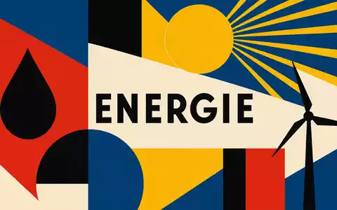 TotalEnergies FR0000120271 als Bauhaus-Poster mit geometrischen Energie-Symbolen Öltropfen Sonne Windrad und dem Text ENERGIE - Foto: THN