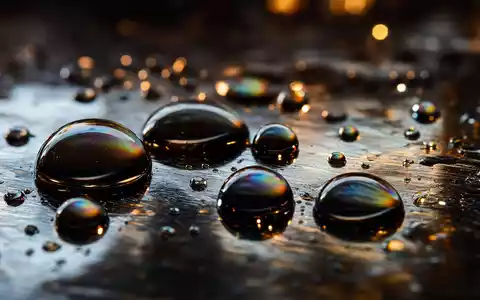 TotalEnergies FR0000120271 in extremer Makrofotografie glänzender Rohöl-Tropfen mit Regenbogenreflexen auf poliertem Metall - Foto: THN