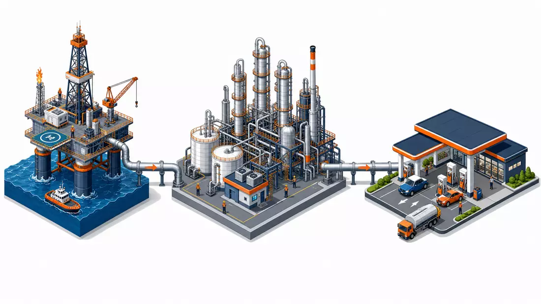 Isometrische 3D-Illustration der Energiekette: Bohrinsel, Pipeline, Raffinerie und Tankstelle