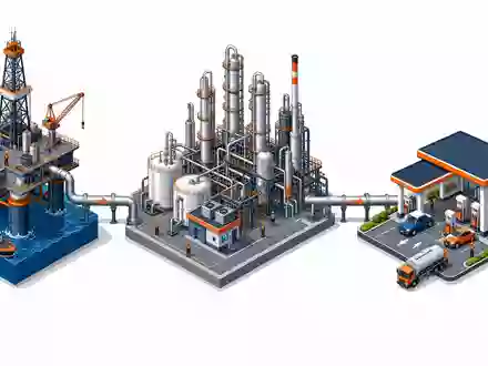 TotalEnergies FR0000120271 als isometrische 3D-Darstellung der Energie-Wertschöpfungskette von Bohrinsel über Raffinerie bis Tankstelle - Foto: THN