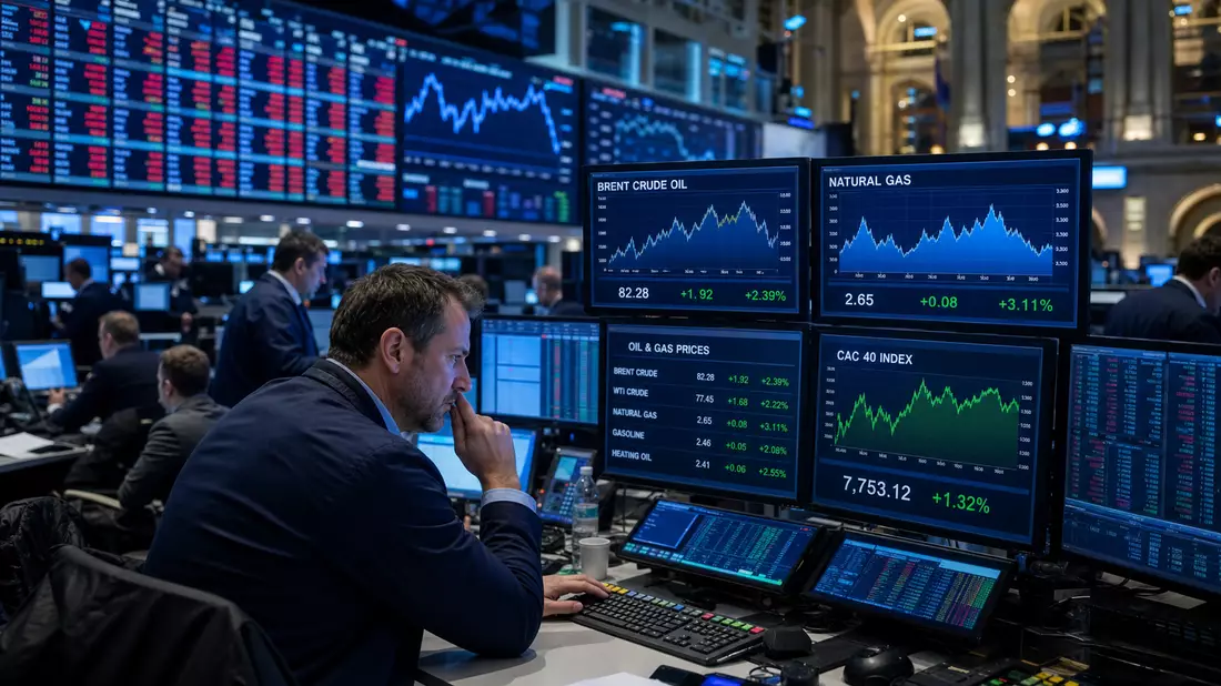 Händler am Euronext-Paris-Tradingfloor, Monitore zeigen Brent-Öl, Gas und CAC 40