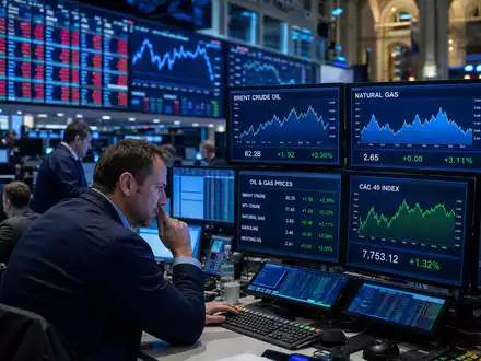 TotalEnergies FR0000120271 Editorial-Bild vom Euronext Paris Trading-Floor mit Brent- und Gaspreischarts auf Monitoren - Foto: THN