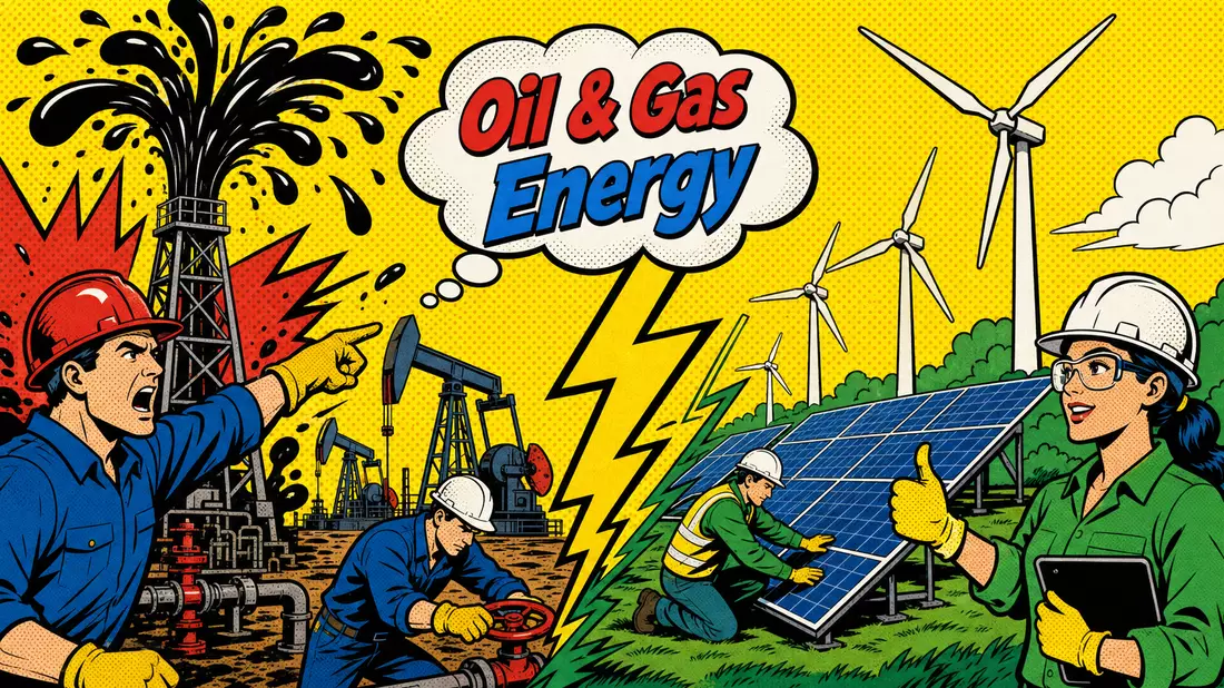 Pop-Art-Comic mit Öl-Derrick, Solarpanelen, Energieblitz und Schrift Oil & Gas Energy