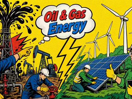 TotalEnergies FR0000120271 als lebhaftes Pop-Art-Comic mit stilisierten Öl- und Solar-Energiearbeitern in Primärfarben - Foto: THN