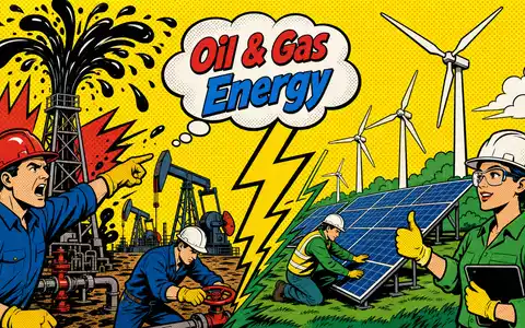 TotalEnergies FR0000120271 als lebhaftes Pop-Art-Comic mit stilisierten Öl- und Solar-Energiearbeitern in Primärfarben - Foto: THN