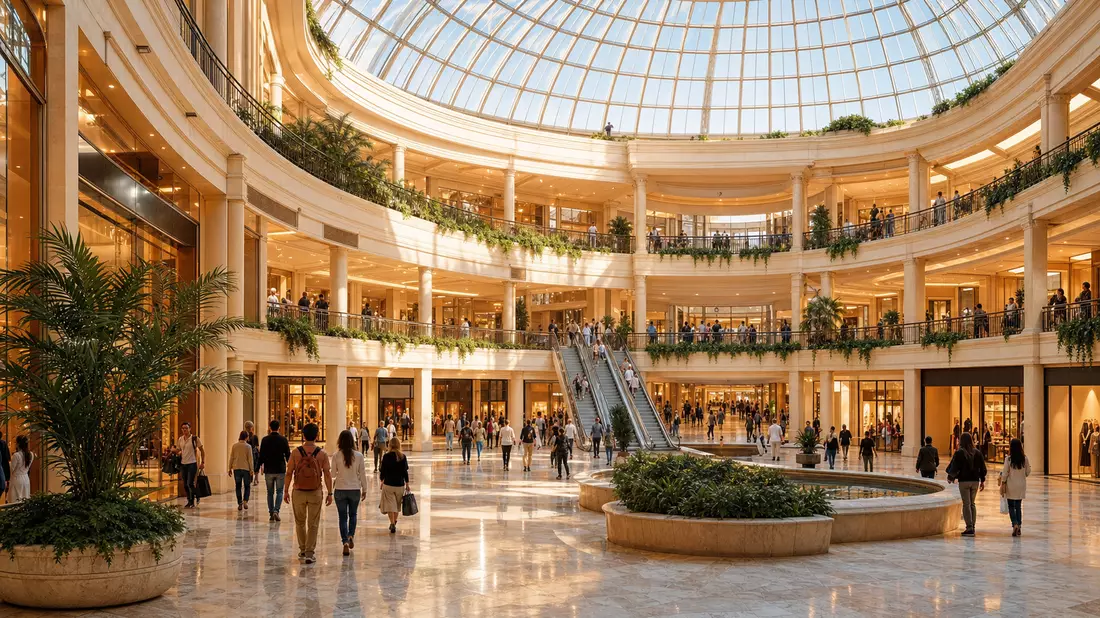 Fotorealistisches Mall-Atrium mit Glaskuppel, Menschenstrom und Tageslicht