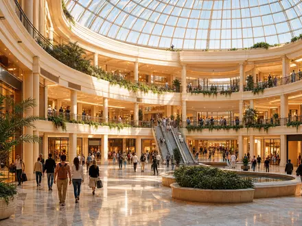 Unibail-Rodamco-Westfield ISIN FR0013326246 modernes Shopping Mall Atrium mit Glaskuppel und belebtem Menschenstrom - Foto: THN