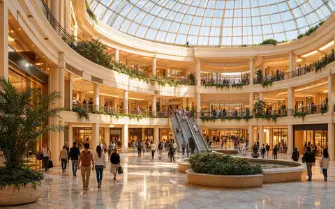 Unibail-Rodamco-Westfield ISIN FR0013326246 modernes Shopping Mall Atrium mit Glaskuppel und belebtem Menschenstrom - Foto: THN