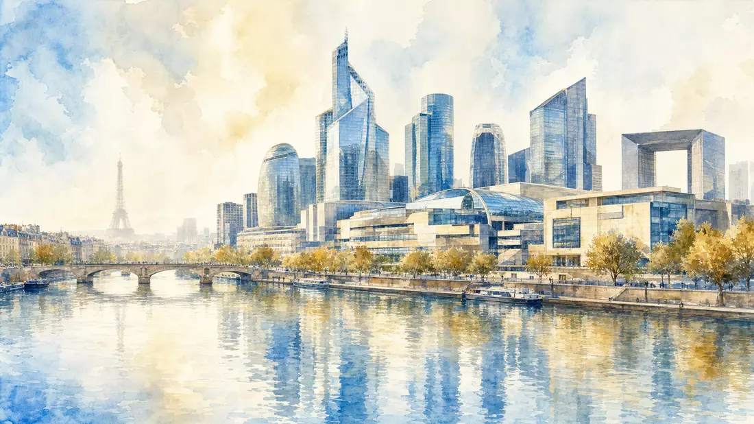 Aquarell der Pariser La-Défense-Skyline mit Einkaufszentrum am Ufer