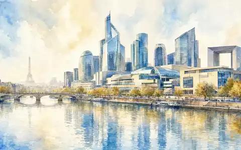 Unibail-Rodamco-Westfield ISIN FR0013326246 Paris La Defense Skyline als Aquarell mit großem Einkaufszentrum Komplex - Foto: THN
