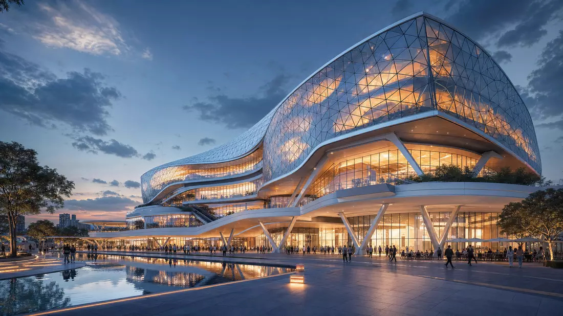Futuristischer CGI-Architekturrender: geschwungenes Glas-Stahl-Einkaufszentrum bei Dämmerung