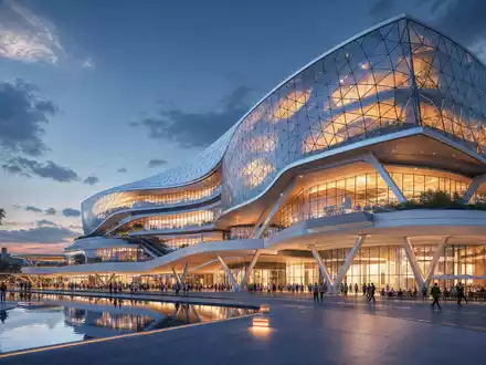Unibail-Rodamco-Westfield ISIN FR0013326246 futuristischer Architektur Render eines modernen Glas Stahl Shopping Centers - Foto: THN