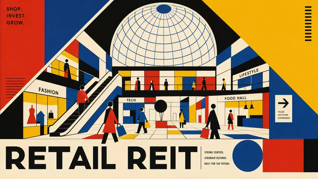 Bauhaus-Poster: geometrische Mall-Symbole in Primärfarben, Text RETAIL REIT