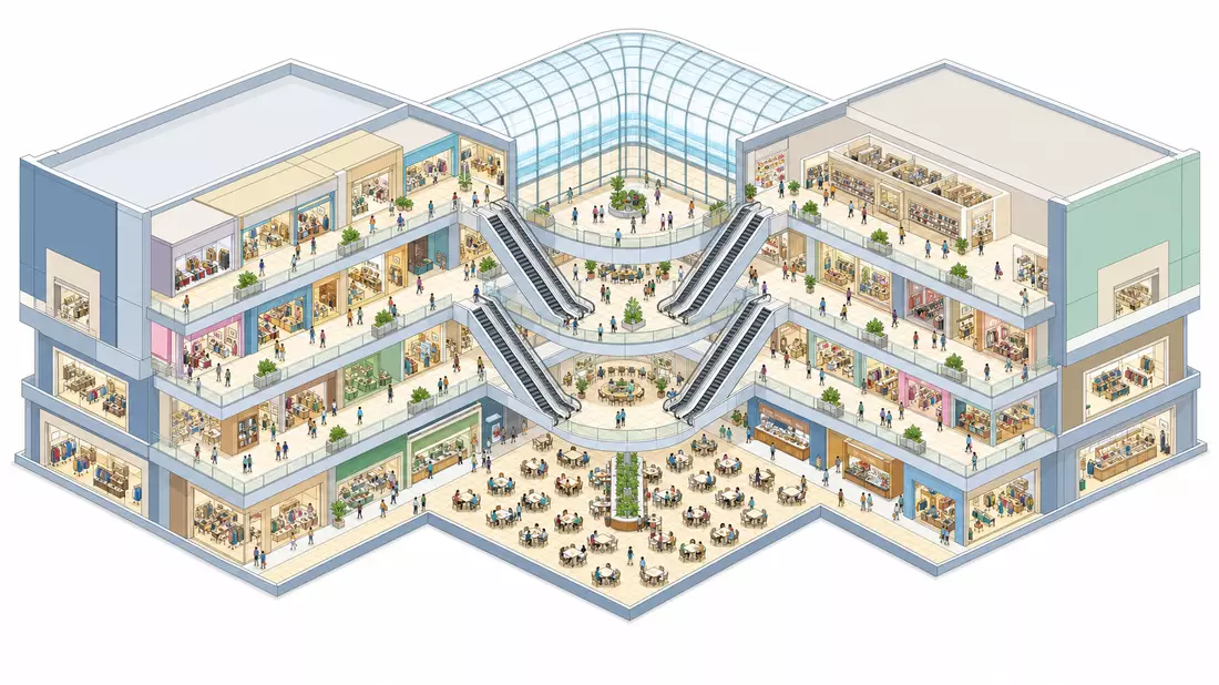 Isometrisches 3D-Schnittmodell eines mehrstöckigen Einkaufszentrums mit Rolltreppe