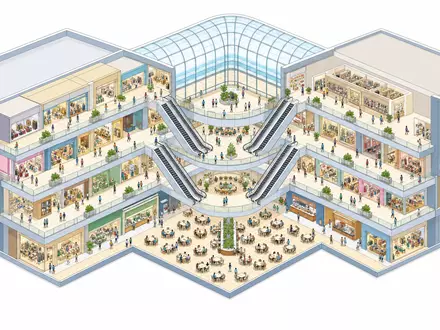 Unibail-Rodamco-Westfield ISIN FR0013326246 isometrisches 3D Mall Modell mit mehreren Ebenen Rolltreppen und Atrium - Foto: THN