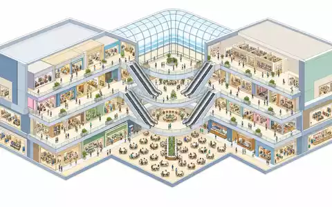 Unibail-Rodamco-Westfield ISIN FR0013326246 isometrisches 3D Mall Modell mit mehreren Ebenen Rolltreppen und Atrium - Foto: THN