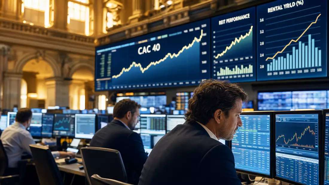 Euronext Börsensaal mit CAC-40-Charts und REIT-Performance auf Bildschirmen