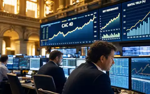 Unibail-Rodamco-Westfield ISIN FR0013326246 Euronext Börsensaal mit CAC 40 Charts und REIT Performance Daten - Foto: THN