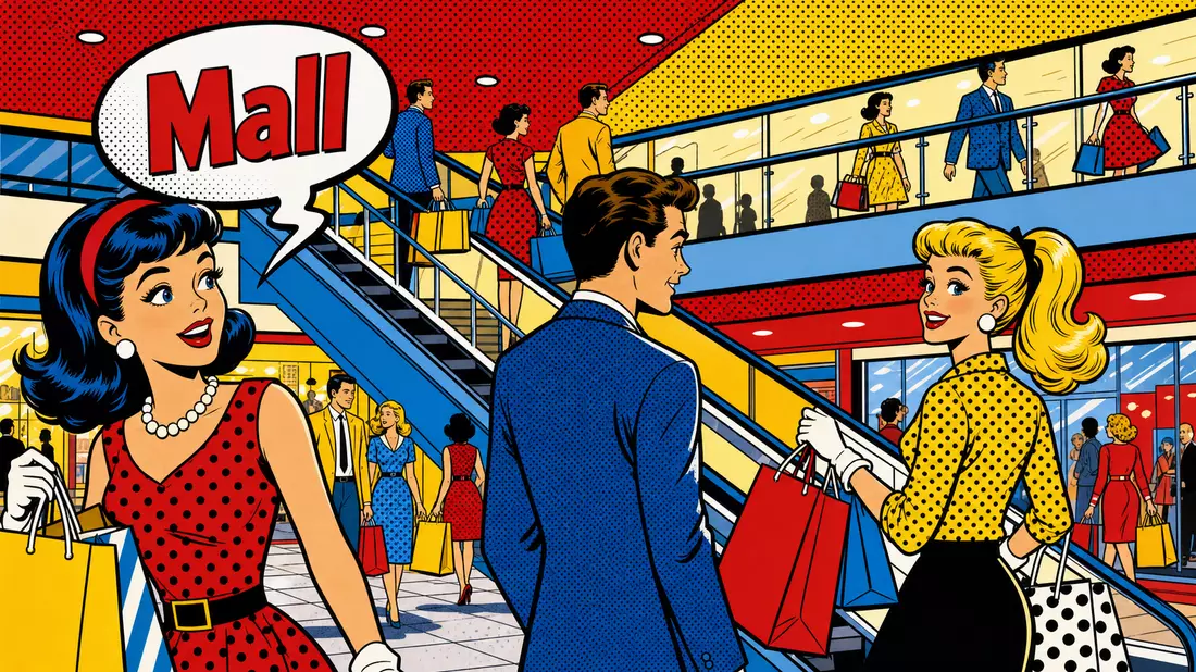 Pop-Art-Comic: bunte stilisierte Mall-Szene mit Shoppern und Rolltreppe
