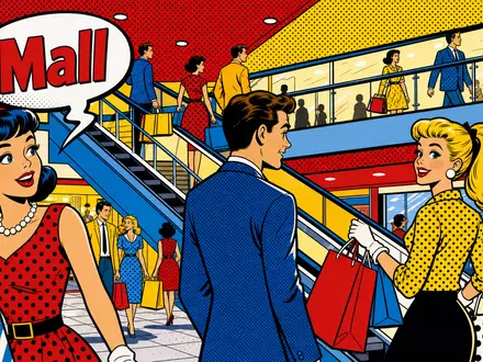 Unibail-Rodamco-Westfield ISIN FR0013326246 Pop Art Comic einer bunten stilisierten Mall Szene mit Shoppern - Foto: THN