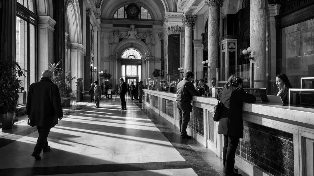 Schwarz-Weiß-Reportagefoto einer klassischen Bankschalter-Halle mit Kunden und Säulen