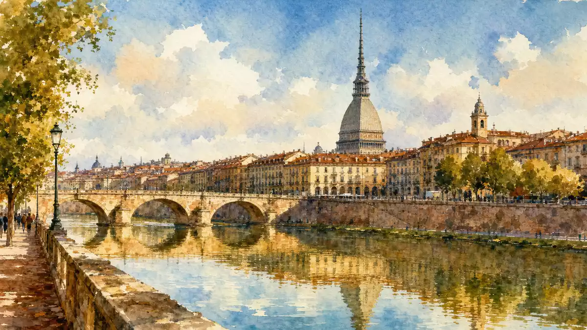 Aquarellgemälde des Po-Flusses mit Turin-Altstadt und Mole Antonelliana im Hintergrund