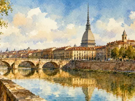 Intesa Sanpaolo IT0000072618 – Aquarell des Po-Flusses mit Torino-Altstadt und Mole Antonelliana - Foto: THN