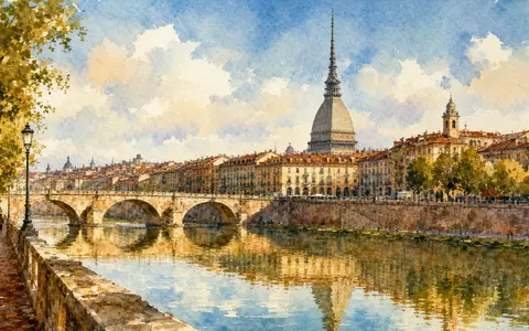 Intesa Sanpaolo IT0000072618 – Aquarell des Po-Flusses mit Torino-Altstadt und Mole Antonelliana - Foto: THN