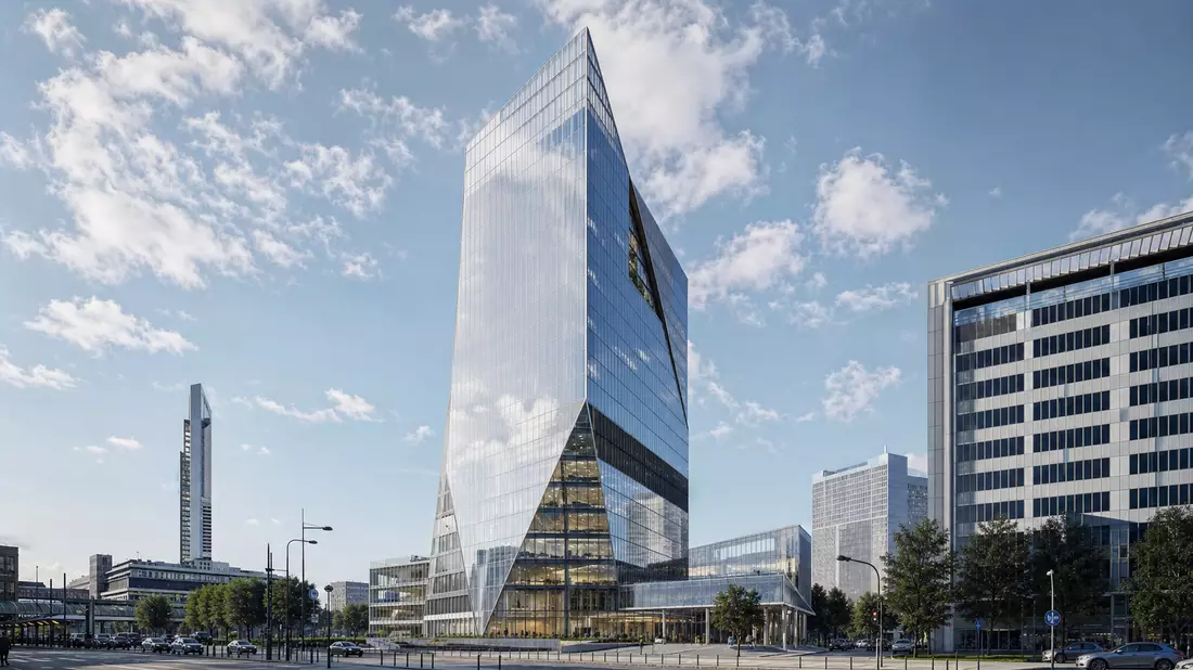 Architektur-Render eines modernen Glasturm-Hochhauses im Finanzviertel von Turin