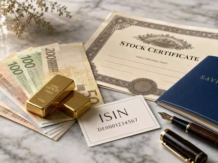Intesa Sanpaolo IT0000072618 – Flatlay mit Euro-Scheinen, Goldbarren, Aktien-Zertifikat und einer ISIN-Karte - Foto: THN