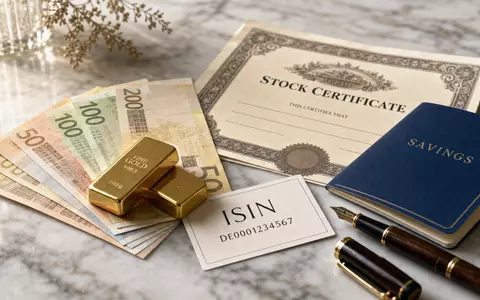 Intesa Sanpaolo IT0000072618 – Flatlay mit Euro-Scheinen, Goldbarren, Aktien-Zertifikat und einer ISIN-Karte - Foto: THN