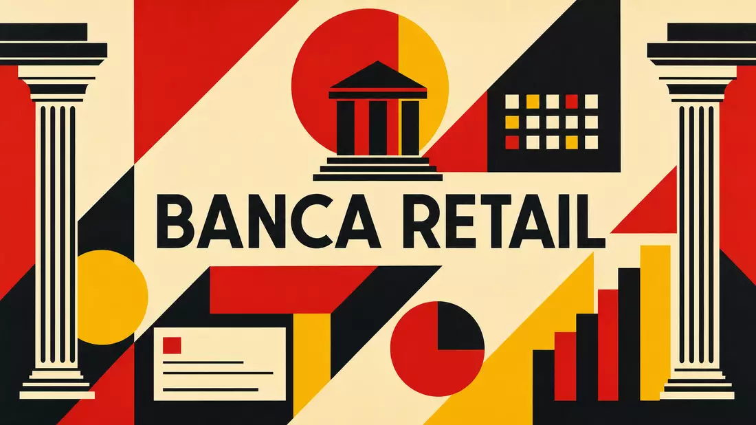Bauhaus-Grafikposter mit geometrischen Banksymbolen in Primärfarben und Text BANCA RETAIL