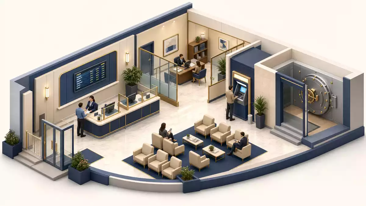 Isometrische 3D-Illustration einer modernen Bankfiliale mit Schalter, ATM und Tresorraum