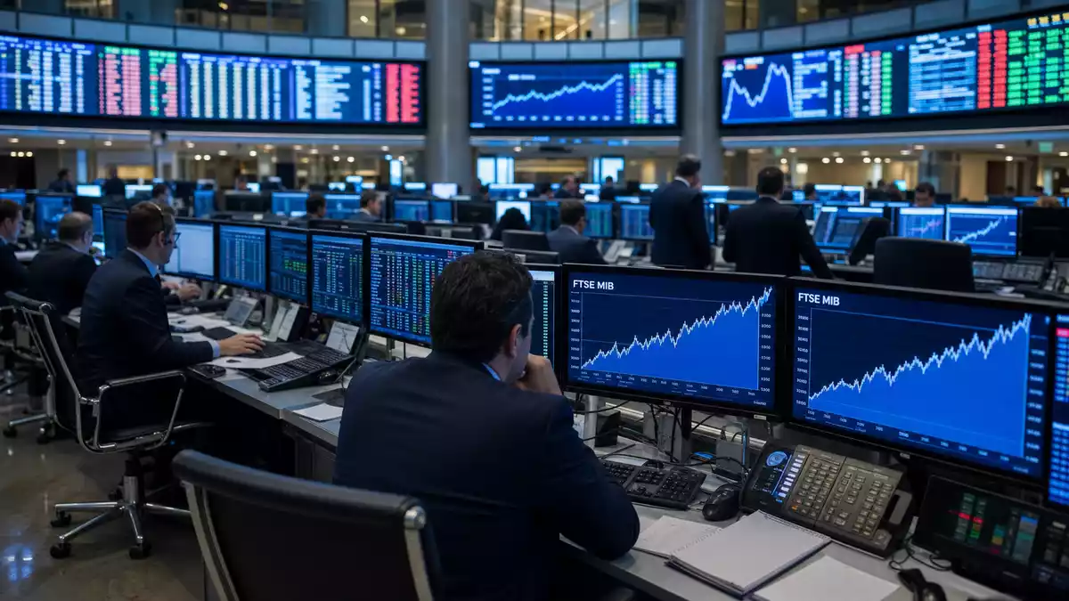 Editorial-Foto des Borsa Italiana Milano Trading-Floors mit FTSE-MIB-Charts auf Bildschirmen