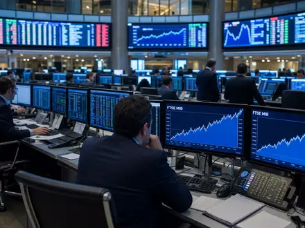 Intesa Sanpaolo IT0000072618 – Börsen-Editorial am Borsa Italiana Milano Trading-Floor mit FTSE-MIB-Charts - Foto: THN