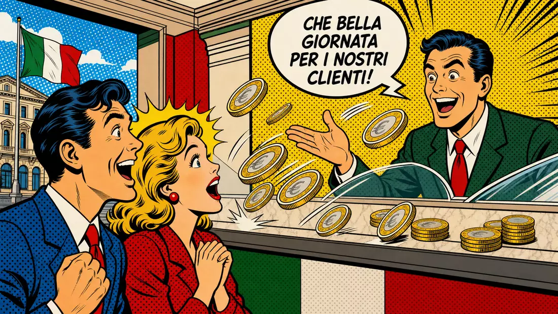 Pop-Art-Comicillustration einer stilisierten italienischen Bankszene mit Kassierer und fliegenden Münzen