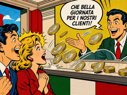 Intesa Sanpaolo IT0000072618 – Pop-Art-Comic einer stilisierten Bankszene mit Euro-Münzen und Sprechblase - Foto: THN