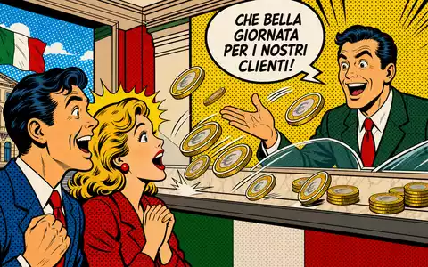 Intesa Sanpaolo IT0000072618 – Pop-Art-Comic einer stilisierten Bankszene mit Euro-Münzen und Sprechblase - Foto: THN